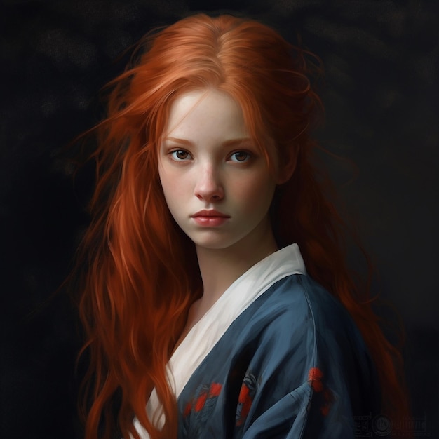 Ein Gemälde eines Mädchens mit roten Haaren und einem blauen Kimono