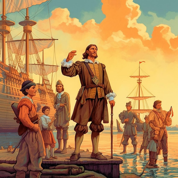 ein Gemälde eines Mannes, der auf ein Boot mit einem Boot im Hintergrund zeigt.