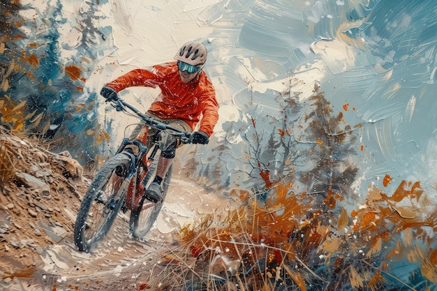 Ein Gemälde eines Mannes, der auf einem Mountainbike fährt