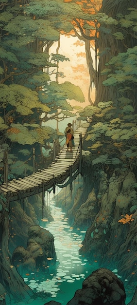 Ein Gemälde eines Mannes, der auf einer Brücke in einem Wald geht.