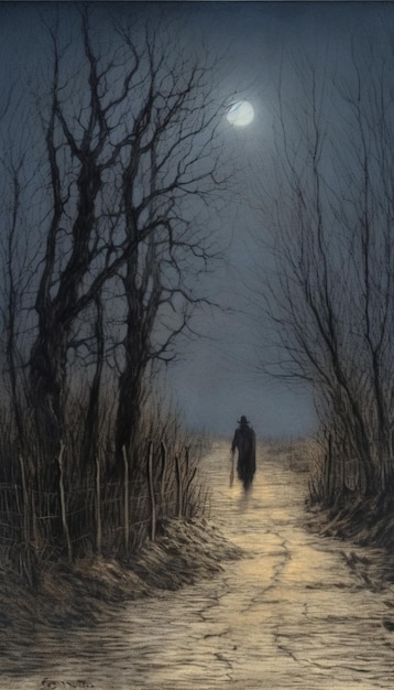 Ein Gemälde eines Mannes, der durch einen Wald geht, mit dem Mond im Hintergrund.