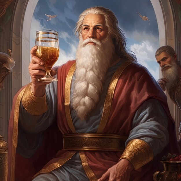 ein Gemälde eines Mannes, der ein Glas Bier hält