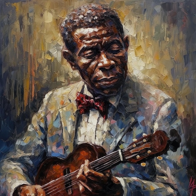 Ein Gemälde eines Mannes, der Gitarre spielt