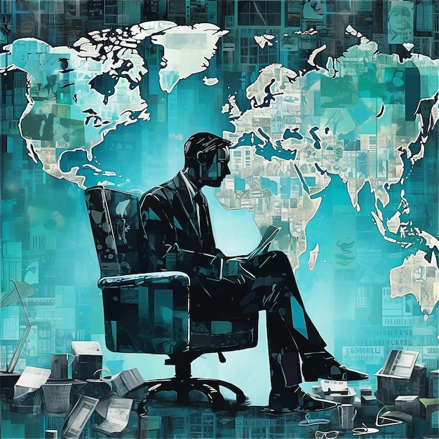 Ein Gemälde eines Mannes, der in einem Bürostuhl sitzt, mit einer Weltkarte im Hintergrund
