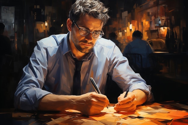 Ein Gemälde eines Mannes, der mit Stift und Papier in einer Bar schreibt.