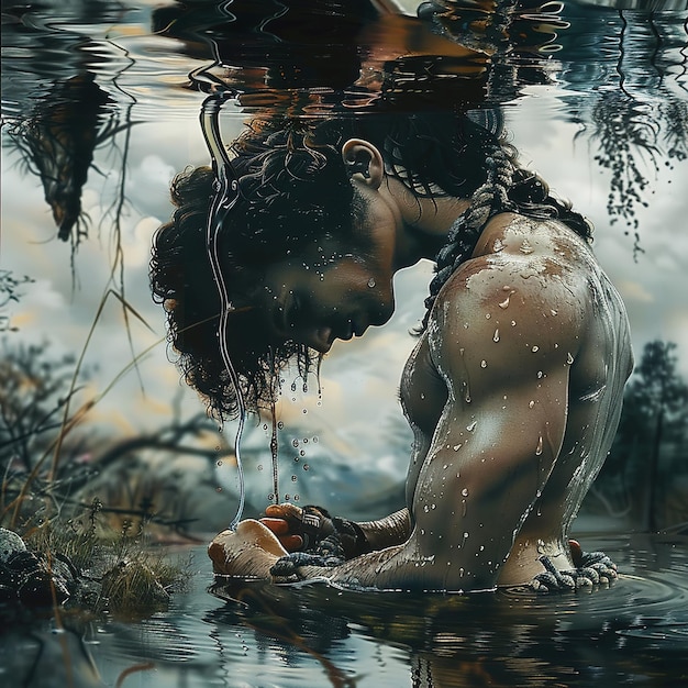 ein Gemälde eines Mannes im Wasser mit den Worten Mann darauf