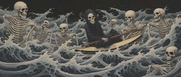 ein Gemälde eines Mannes in einem Boot mit Schädeln auf dem Boden