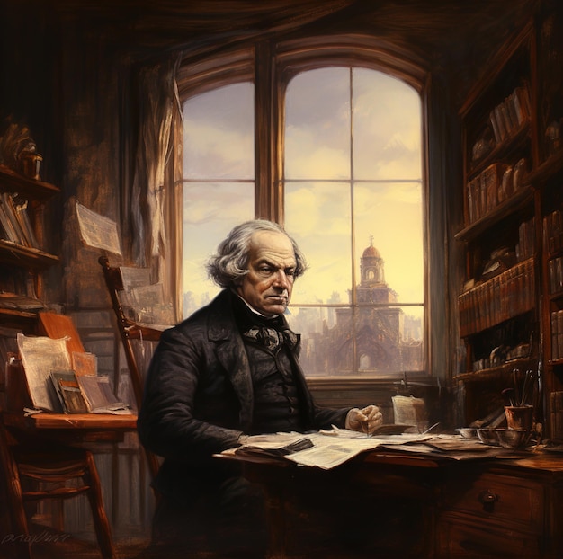 Ein Gemälde eines Mannes in einem Raum mit einem Bild eines Mannes in einem Buch und einem Bild eines Mannes in einem Raum