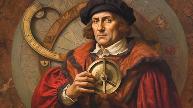 Foto ein gemälde eines mannes mit einem kompass und einem schild mit der aufschrift „almosen“.