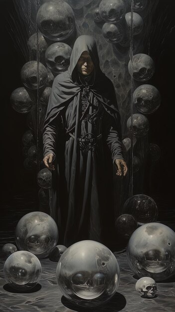 ein Gemälde eines Mannes mit einem schwarzen Umhang und Eiern