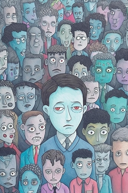 Ein Gemälde eines Mannes mit roten Augen und blauem Hintergrund mit vielen Menschen im Hintergrund.