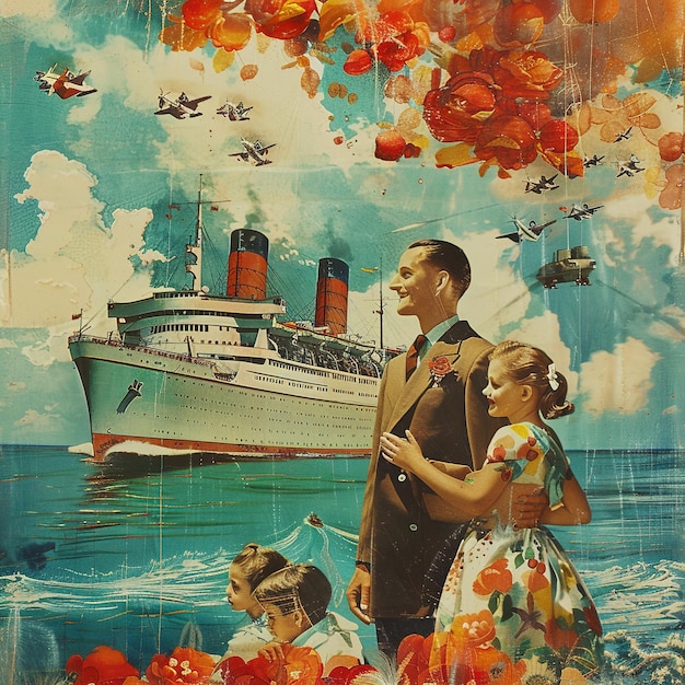 ein Gemälde eines Mannes und einer Frau in einem Kleid mit einem Schiff oben