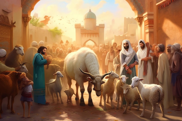 Ein Gemälde eines Mannes und einer Frau mit einer Ziege vor einem Tor.