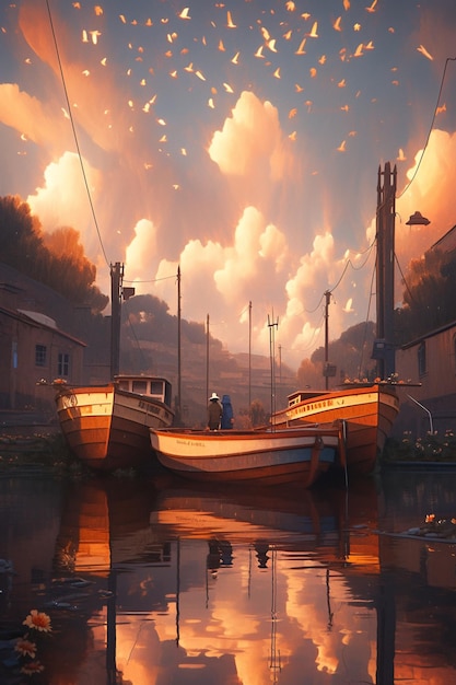 Ein Gemälde eines Mannes und eines Bootes auf dem Wasser