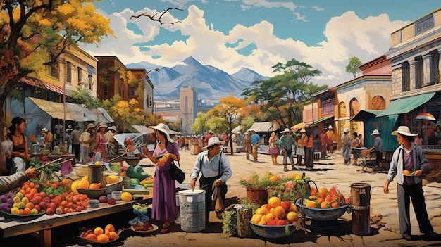 Ein Gemälde eines Marktes mit einem Berg im Hintergrund.