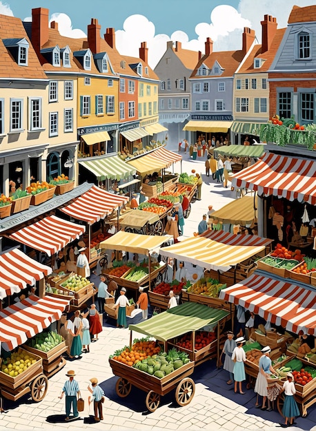ein Gemälde eines Marktes mit Menschen und Früchten