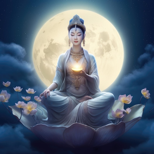 Ein Gemälde eines meditierenden Guanyin Bodhisattva