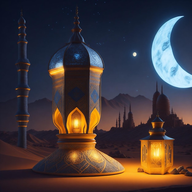 Ein Gemälde eines Mondes und einer Lampe mit dem Wort Ramadan darauf.