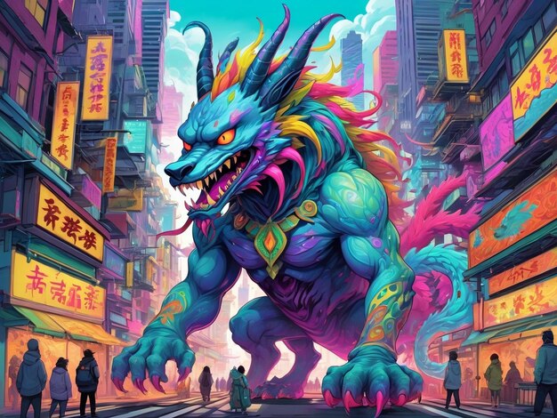 ein Gemälde eines Monsters in der Mitte einer Stadt Hyperbeast Design alebrijes ästhetisch