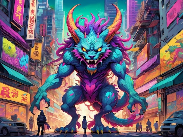 ein Gemälde eines Monsters in der Mitte einer Stadt Hyperbeast Design alebrijes ästhetisch