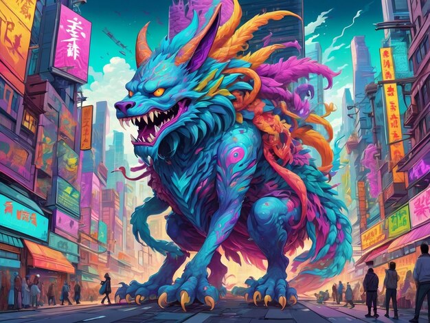 ein Gemälde eines Monsters in der Mitte einer Stadt Hyperbeast Design alebrijes ästhetisch