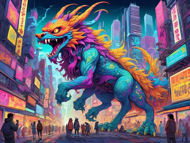 ein Gemälde eines Monsters in der Mitte einer Stadt Hyperbeast Design alebrijes ästhetisch