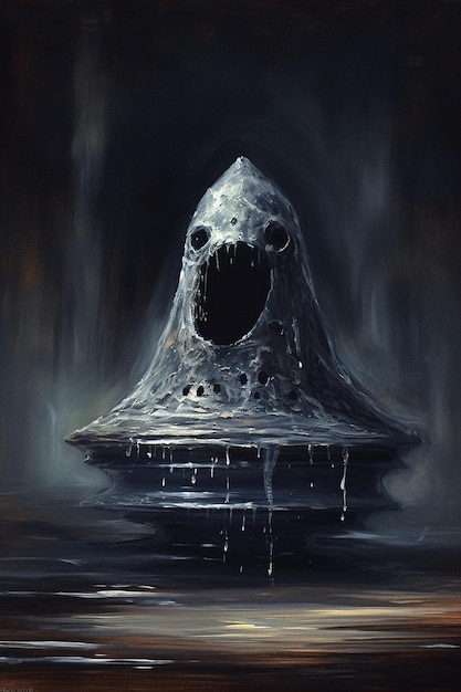 Ein Gemälde eines Monsters mit offenem Mund und der Unterseite des Körpers ist mit Farbe bedeckt.