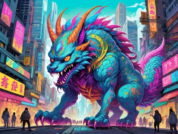 ein gemälde eines monsters mitten in einer stadt hyperbeast design alebrijes ästhetik