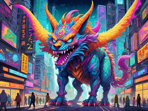 ein gemälde eines monsters mitten in einer stadt hyperbeast design alebrijes ästhetik