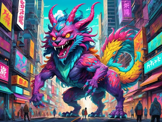 ein gemälde eines monsters mitten in einer stadt hyperbeast design alebrijes ästhetik