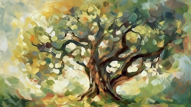 Ein Gemälde eines Olivenbaums mit dem Wort Olive darauf.