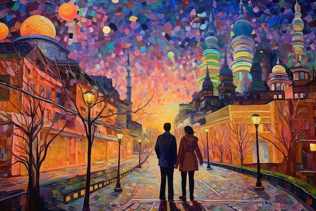 Ein Gemälde eines Paares, das eine Stadtlandschaft betrachtet