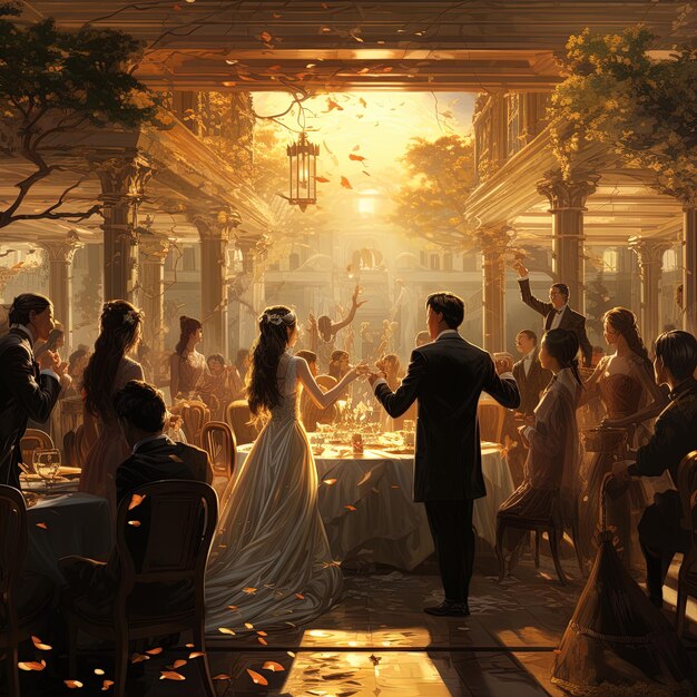 ein Gemälde eines Paares, das in einem Restaurant mit einem Mann in einem weißen Kleid und einer Frau in einem weiße Kleid tanzt