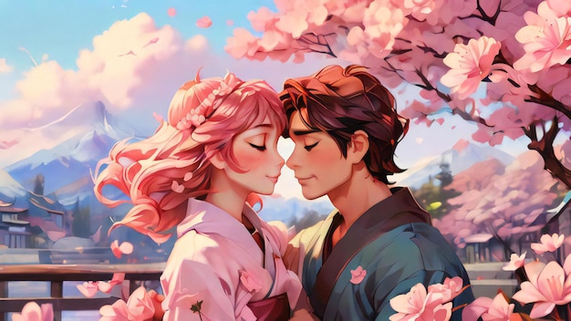 ein Gemälde eines Paares, das sich unter einem Kirschblütenbaum küsst