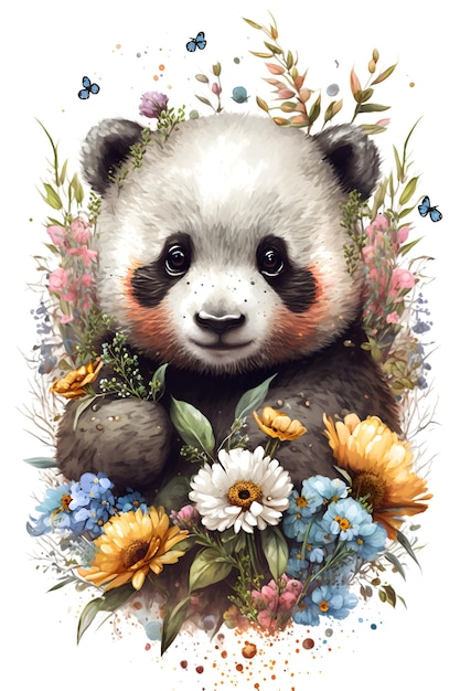 Ein Gemälde eines Pandas mit Blumen und Schmetterlingen