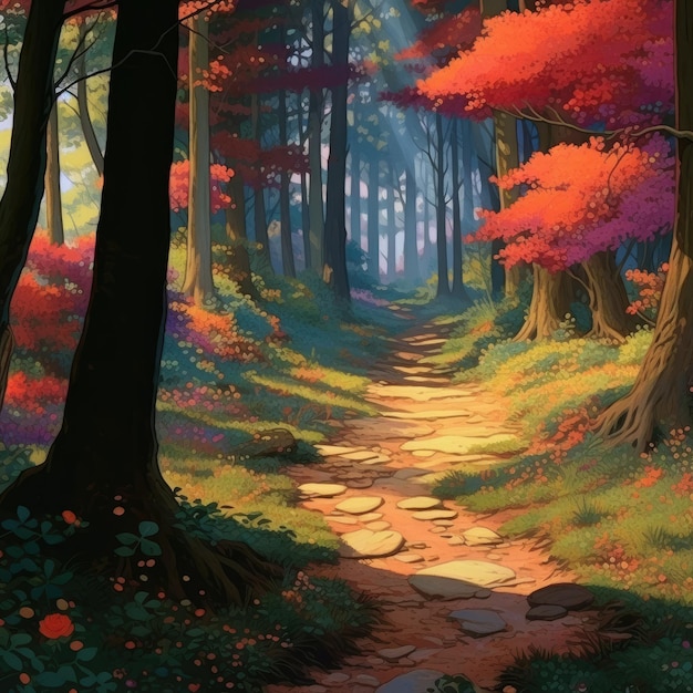 ein Gemälde eines Pfades in einem Wald mit Bäumen und einem Pfad, auf dem das Wort "fallen" steht.