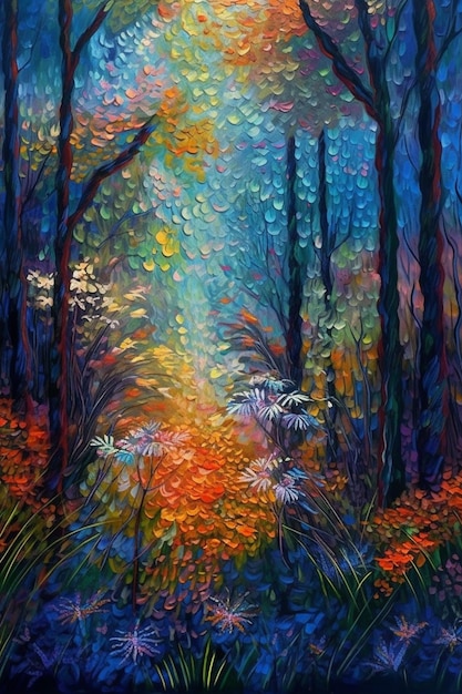Ein Gemälde eines Pfades in einem Wald mit blauem Himmel und orangefarbenen Blumen.