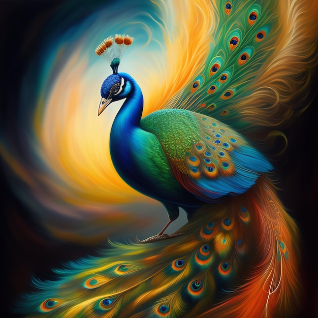 Ein Gemälde eines Pfaus mit blauem Schwanz und gelben Federn.