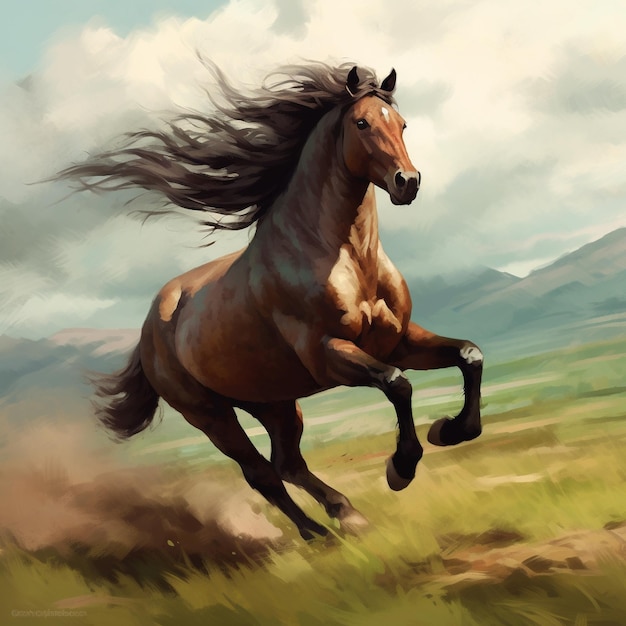 ein Gemälde eines Pferdes mit langer Mähne, das durch ein Feld rennt