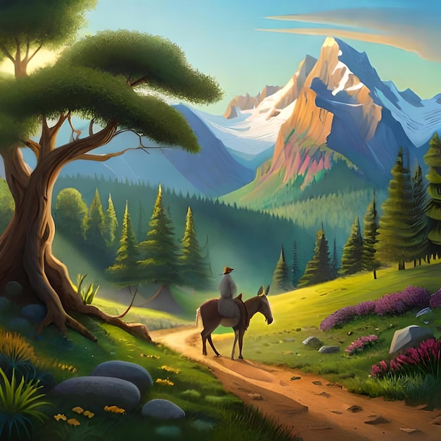 Ein Gemälde eines Pferdes und eines Mannes, der auf einem Pferd in einer Berglandschaft reitet.