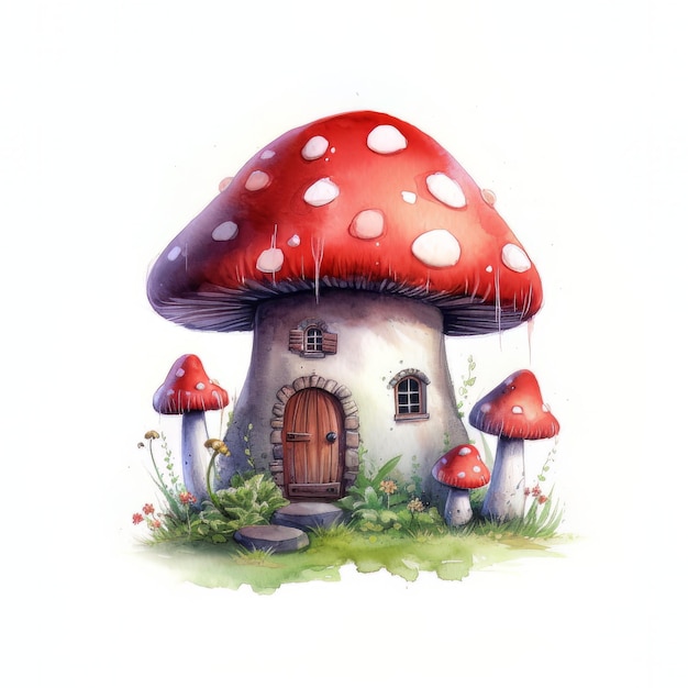 Ein Gemälde eines Pilzhauses mit rotem Dach und einem Pilzhaus auf der Unterseite.