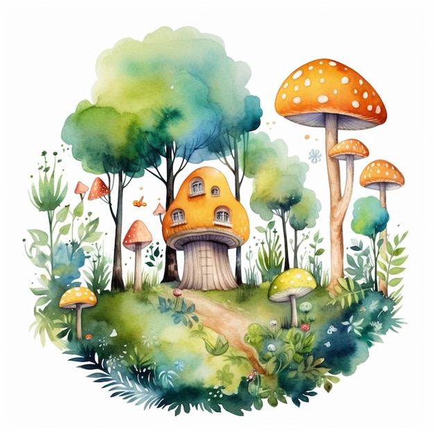 ein Gemälde eines Pilzhauses mitten in einem generativen Wald