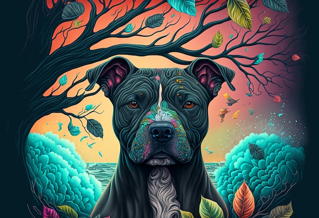 Ein Gemälde eines Pitbull-Hundes mit einem Baum im Hintergrund.