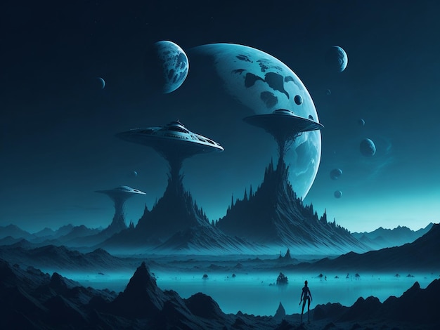 Ein Gemälde eines Planeten mit einem Mann, der den Mond betrachtet
