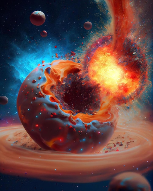 Ein Gemälde eines Planeten mit einer Explosion darauf