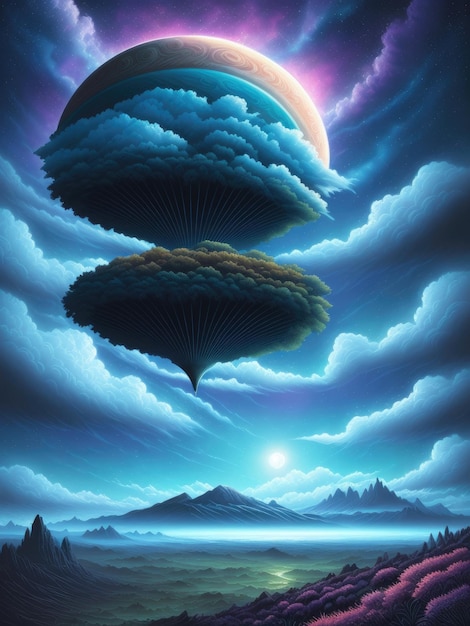 Ein Gemälde eines Planeten mit Wolken und einer Wolke am Himmel.