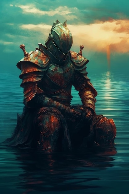 Ein Gemälde eines Ritters in einem Gewässer mit der Sonne im Hintergrund.
