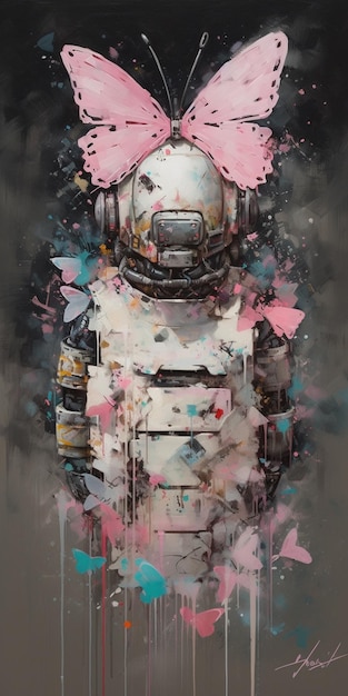 Ein Gemälde eines Roboters mit Blumen darauf