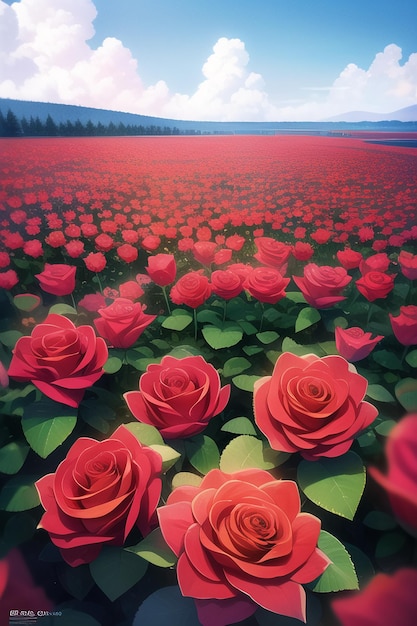 Ein Gemälde eines Rosenfeldes mit einem Berg im Hintergrund.