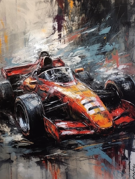 Ein Gemälde eines roten Rennwagens aus dem Formel-1-Rennen.